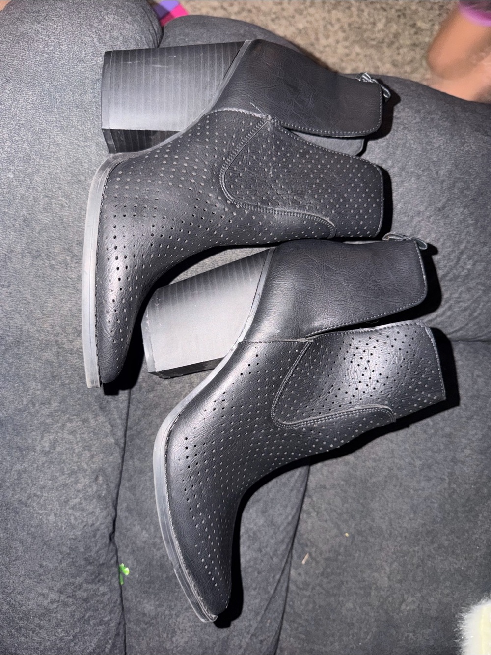Qupid Black Perforated Block Heel Booties
